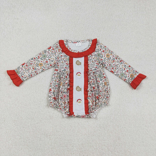 Baby Girl Long Sleeves Floral Embroidery Santa Cakes Christmas Bubble Romper RTS