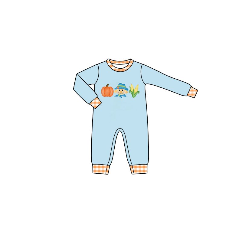 ( Moq 5 ) Preorder Baby Boy Infant Long Sleeves Pumpkins Thanksgiving Blue Romper Clothes