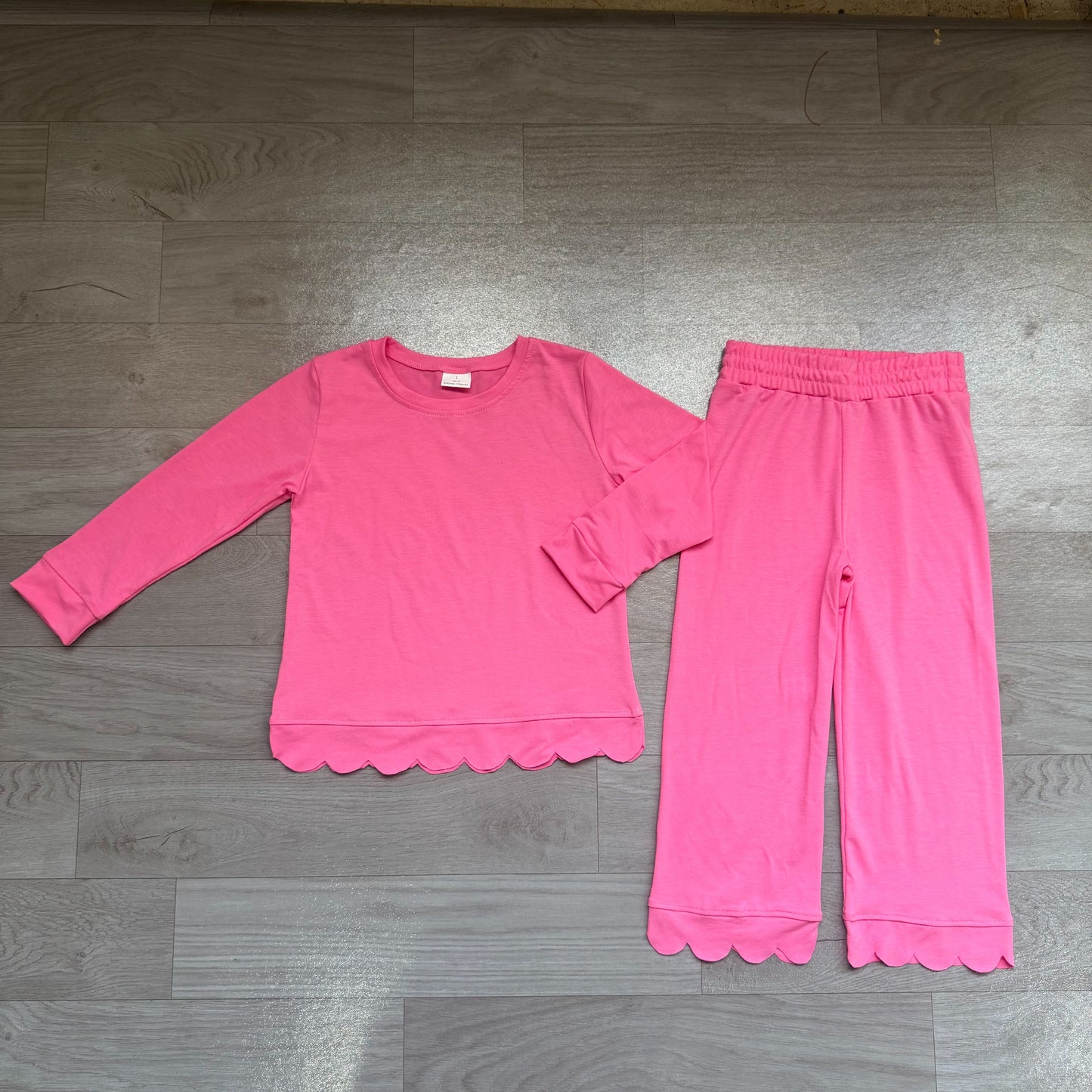 ( No moq ) Preorder Baby Girls Kids Long Sleeves Shirt Pants Set Pajamas Scallop Pink Clothes