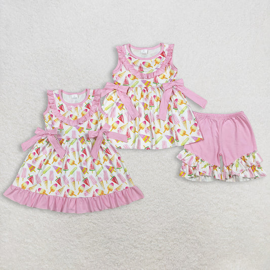 Sibling Baby Girls Sleeveless Popsicles Pink Bows Summer Knee Length Dress Set RTS