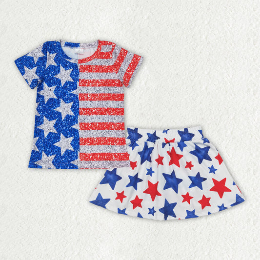 Baby Girl Short Sleeves 4th of July Stars Stripes Shirt Skorts Clothes Set RTS