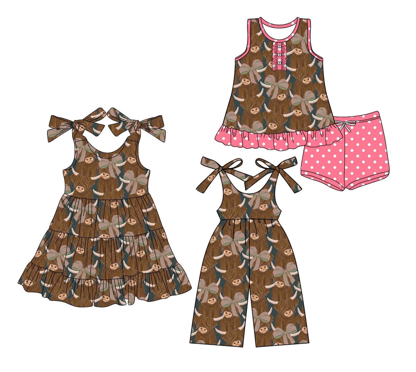 Baby Girl Straps Western Cow Bows Sibling Jumpsuit Dress Set ( Moq 5 Each Style ) 3.21