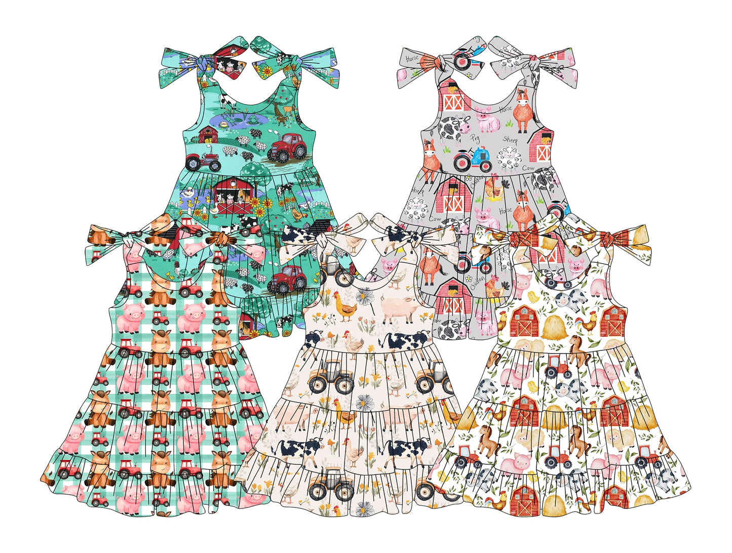 Baby Girl Toddler Bows Straps Farm Animals Sibling Dress ( Moq 5 Each Style ) 3.4