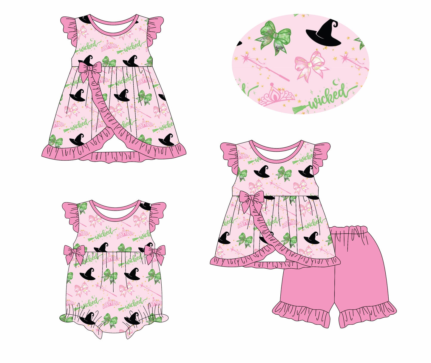 Baby Girl Witch Pink Bows Ruffle Sibling Romper Dress Set ( Moq 5 Each Style ) 1.11