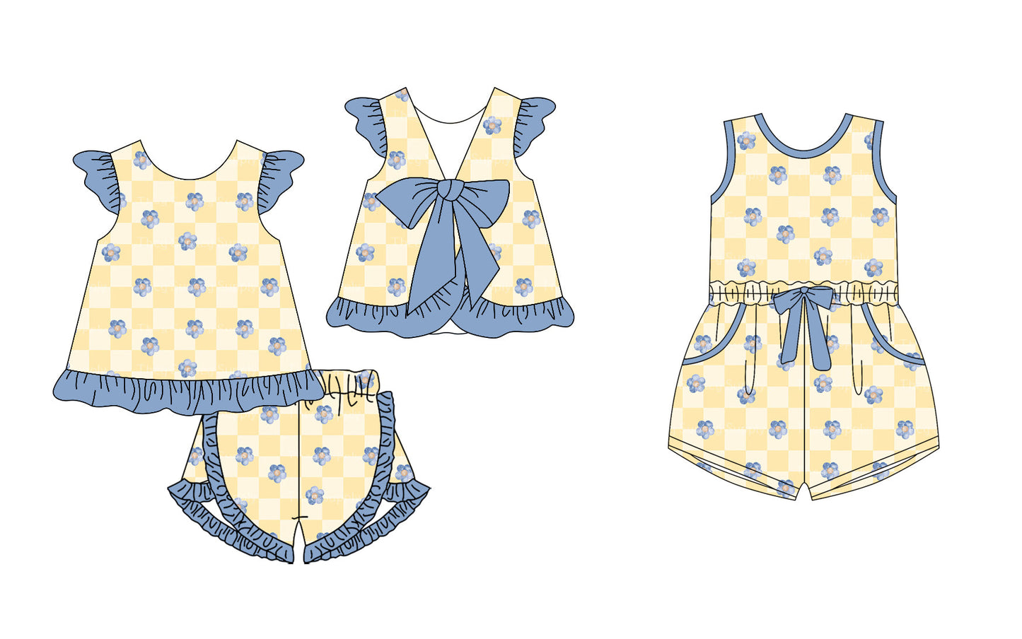 Baby Girl Short Sleeves Flower Checked Sibling Jumpsuit Set ( Moq 5 Each Style ) 12.26