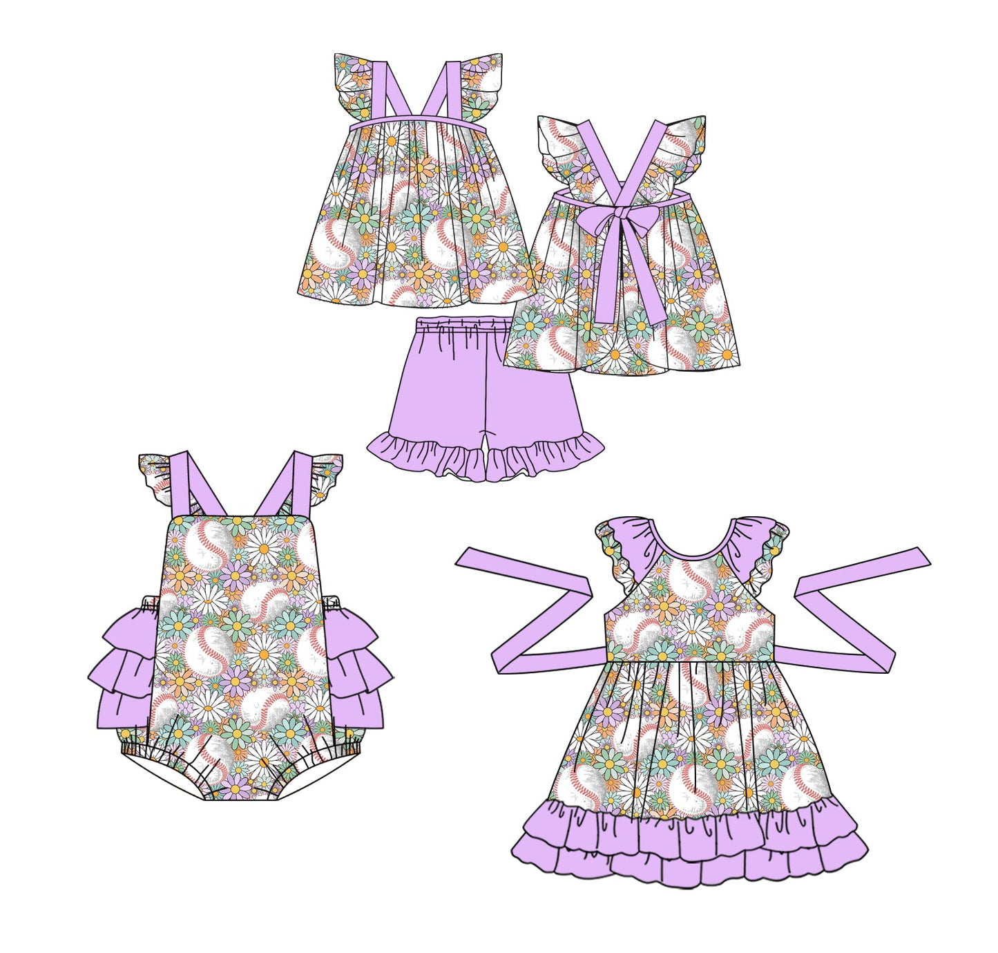 Baby Girl Baseball Flower Sibling Romper Dress Set ( Moq 5 Each Style ) 12.25