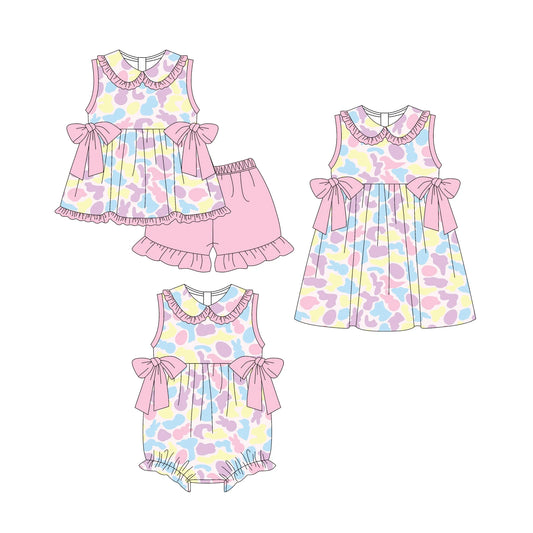 ( Moq 5 Each Style ) Baby Girl Toddler Sleeveless Rabbits Camo Bows Sibling Easter Romper Dress Set