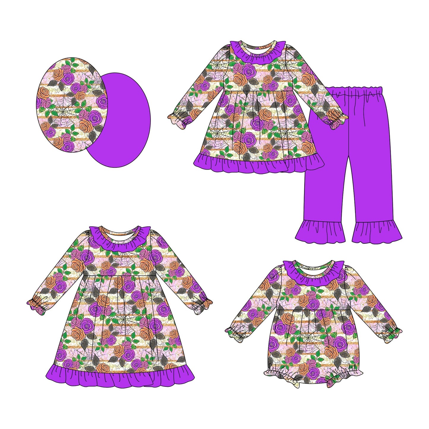 ( Moq 5 Each Style ) Baby Girl Toddler Purple Flower Sibling Romper Dress Set