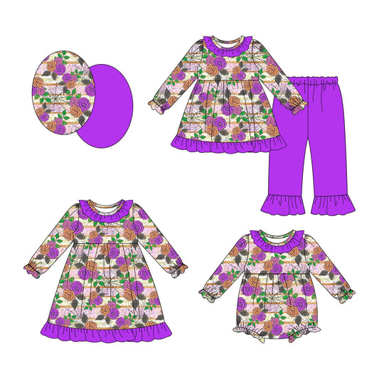 ( Moq 5 Each Style ) Baby Girl Toddler Purple Flower Sibling Romper Dress Set