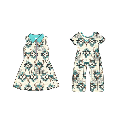 ( Moq 5 Each Style ) Baby Girl Western Cows Aztec Sibling Summer Dress Jumpsuit 4.19