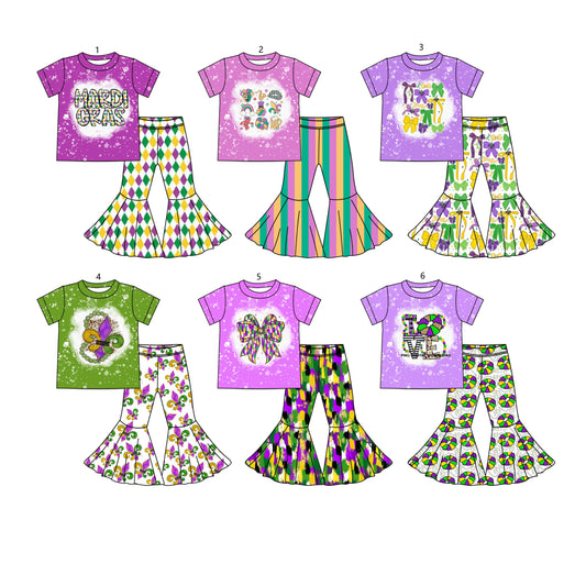 ( Moq 5 Each Style ) Girls Kids Short Sleeves Anchors Bows Shirt Bell Pants Mardi Gras Set