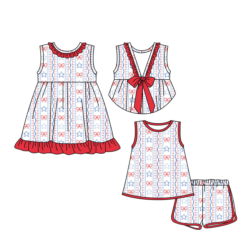 Baby Girl Sleeveless Stars Bows Sibling July 4th Dress Set ( Moq 5 Each Style ) 3.18