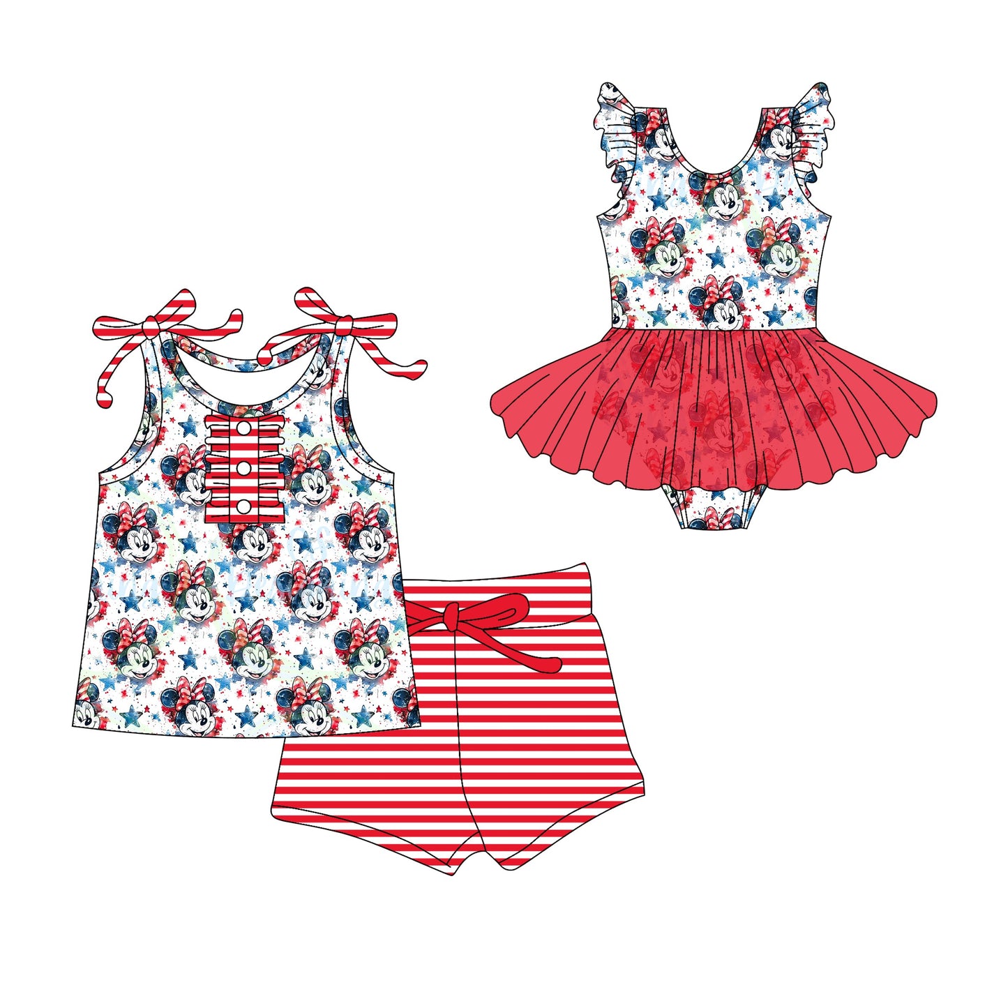 Baby Girl Mouse Stars 4th Of July Sibling Tulle Romper Set ( Moq 5 Each Style ) 3.10