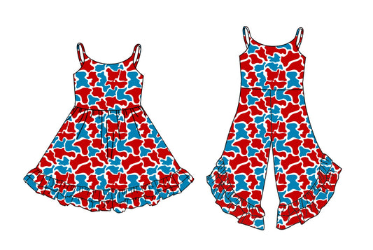 ( Moq 5 Each Style ) Baby Girl Sleeveless Red Blue Camo Sibling Jumpsuit Dress 3.24