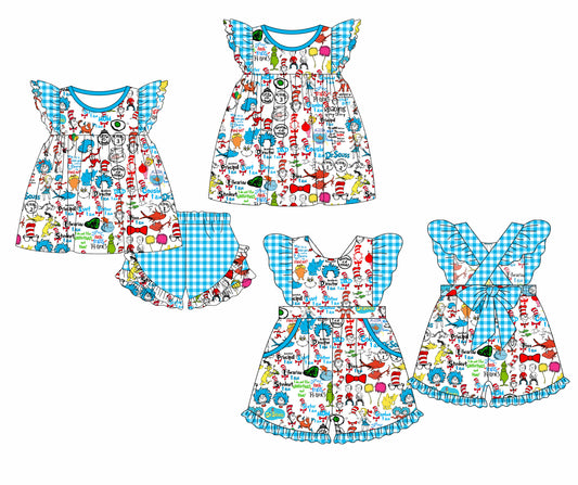 Baby Boy Girl Short Sleeves Reading Blue Plaid Sibling Dress Clothes Set ( Moq 5 Each style )11.30