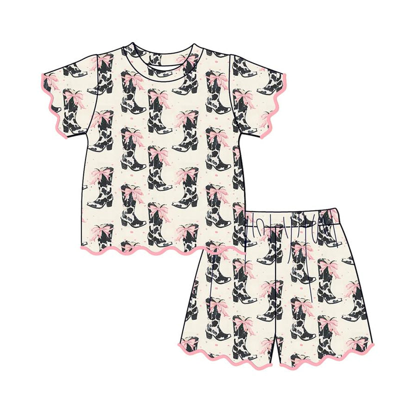 ( Moq 5 ) Preorder Baby Girl Kids Short Sleeves Boots Bows Shirt Shorts Set Scallop Clothes