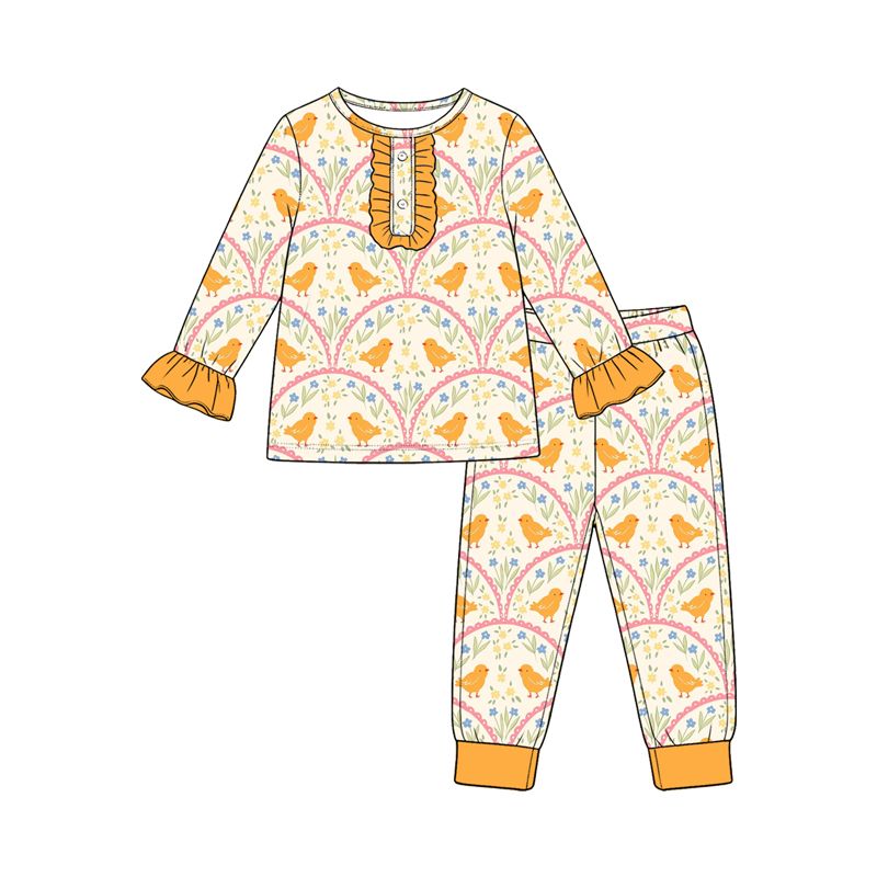 ( Moq 5 ) Preorder Baby Girls Kids Chicks Flower Shirt Pants Easter Set Pajamas Clothes