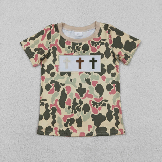 Baby Boys Kids Short Sleeves Embroidery Crosses Easter Camo Shirt Tops RTS