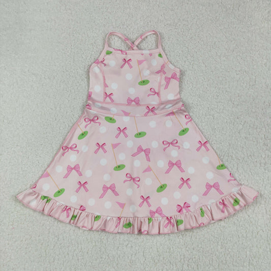 Baby Girl Straps Pink Bows Golf Flags Activity Wear Yoga Knee Length Dress RTS