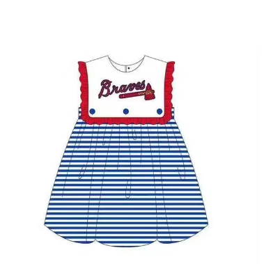 Baby Girl Sleeveless Teams Blue Stripes Ruffle Knee Length Dress ( Moq 5 )