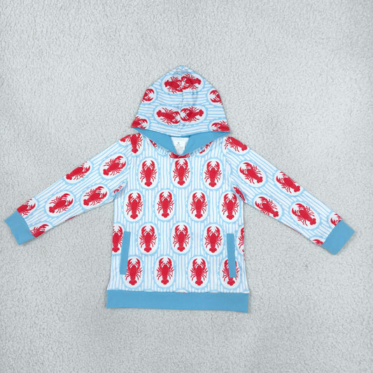 Baby Boys Kids Long Sleeves Crayfish Blue Stripes Pockets Pullover Hoodie Shirt Clothes RTS