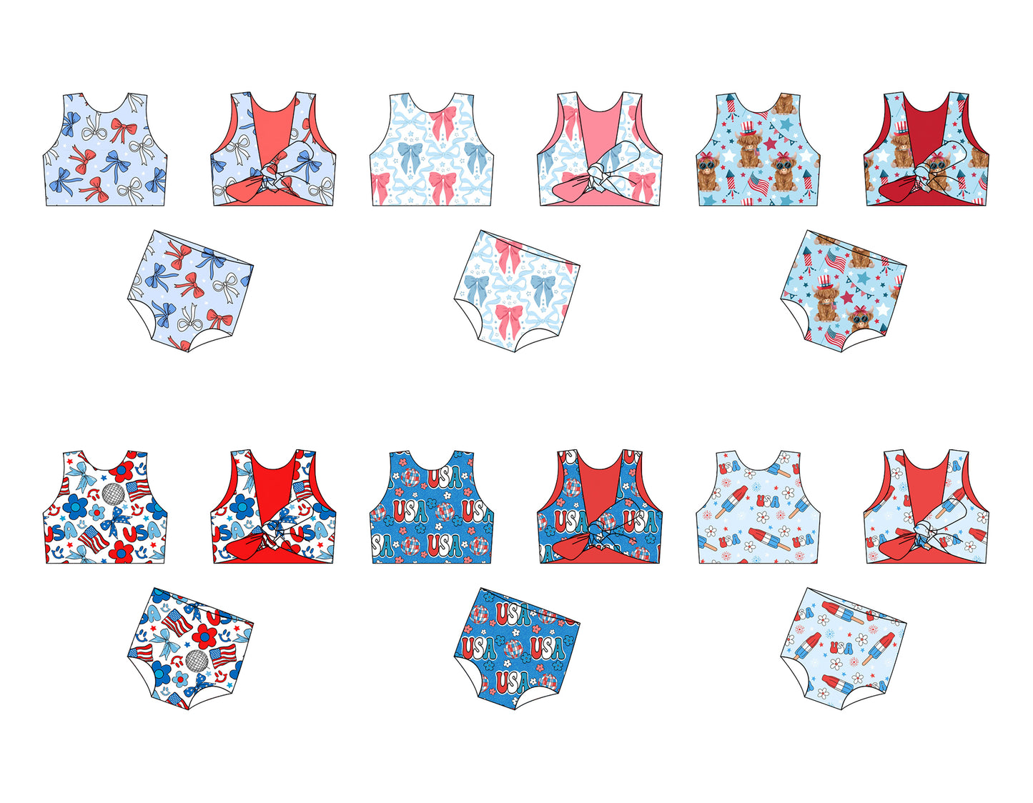 ( Moq 5 Each Style ) Baby Girls Kids Sleeveless Bows Tops Shorts Sibling 4th of July Sets Swimsuits