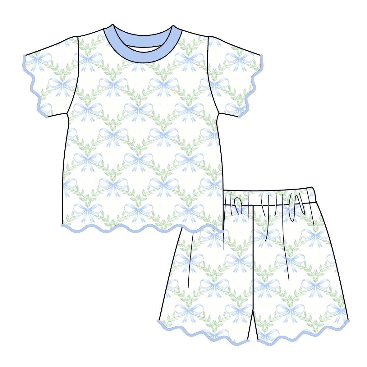 ( Moq 5 ) Preorder Baby Girls Kids Short Sleeves Blue Bows Tops Scallop Shorts Summer Clothes