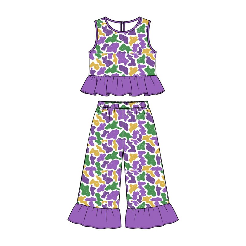 ( Moq 5 ) Preorder Baby Girls Kids Sleeveless Camo Tops Purple Ruffle Pants Set Mardi Gras Clothes