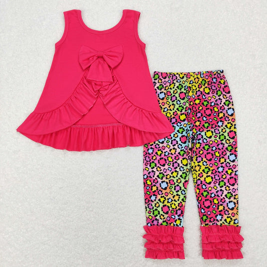 GSPO1097 Baby Girl Cotton Sleeveless Open Back Top Leopard Ruffle Pants Outfit