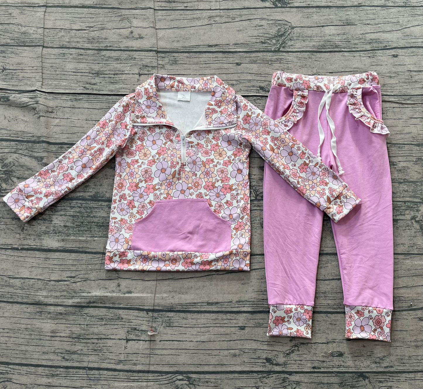 Baby Girls Long Sleeves Flower Zipper Shirt Pockets Purple Pants Clothes Set RTS