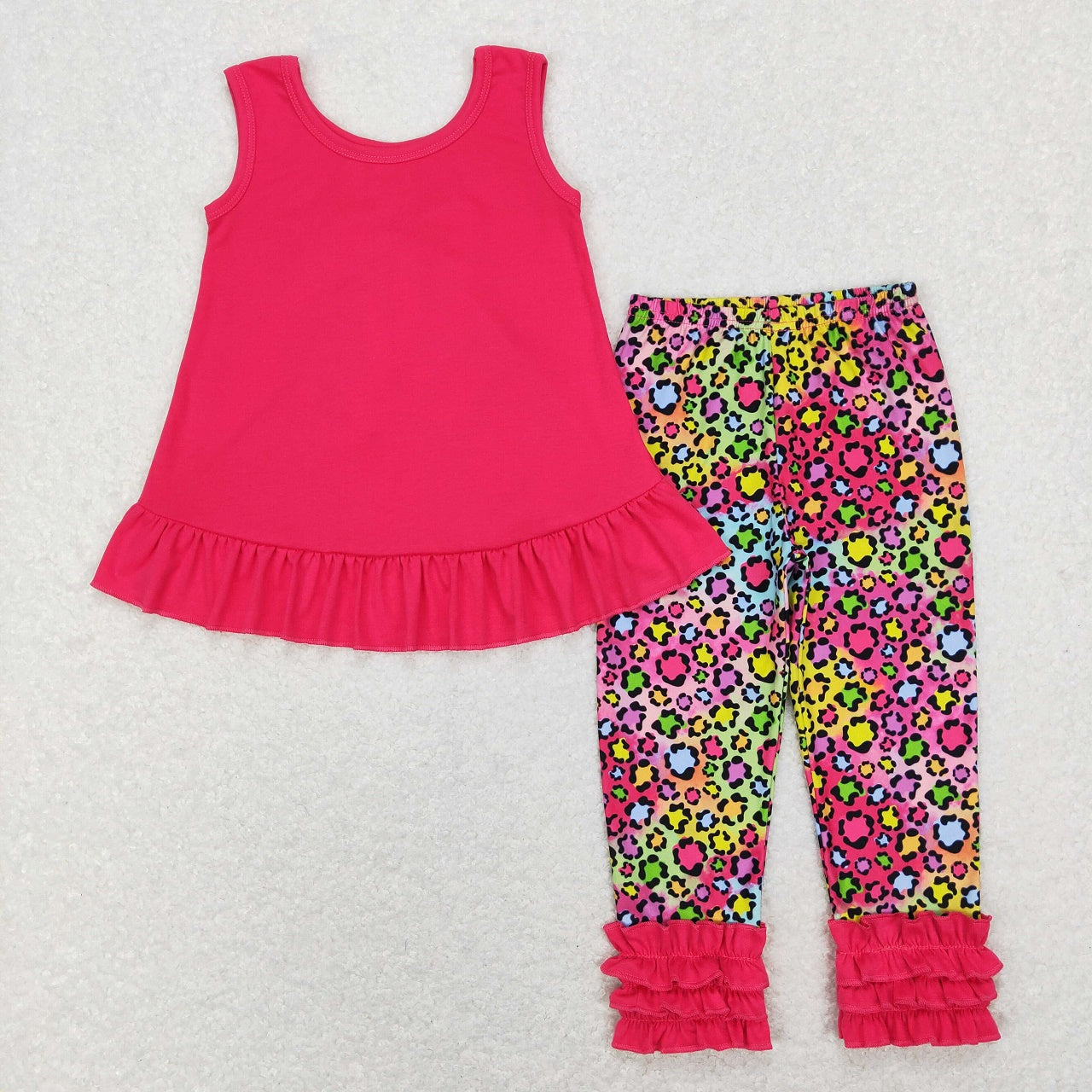 GSPO1097 Baby Girl Cotton Sleeveless Open Back Top Leopard Ruffle Pants Outfit