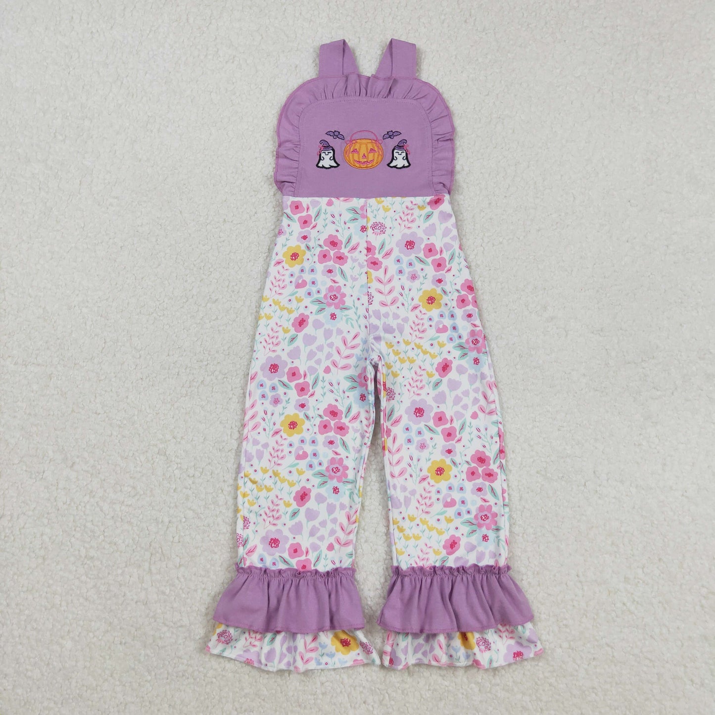 Baby Girl Sleeveless Halloween Embroidery Ghost Pumpkin Flower Purple Fall Jumpsuit