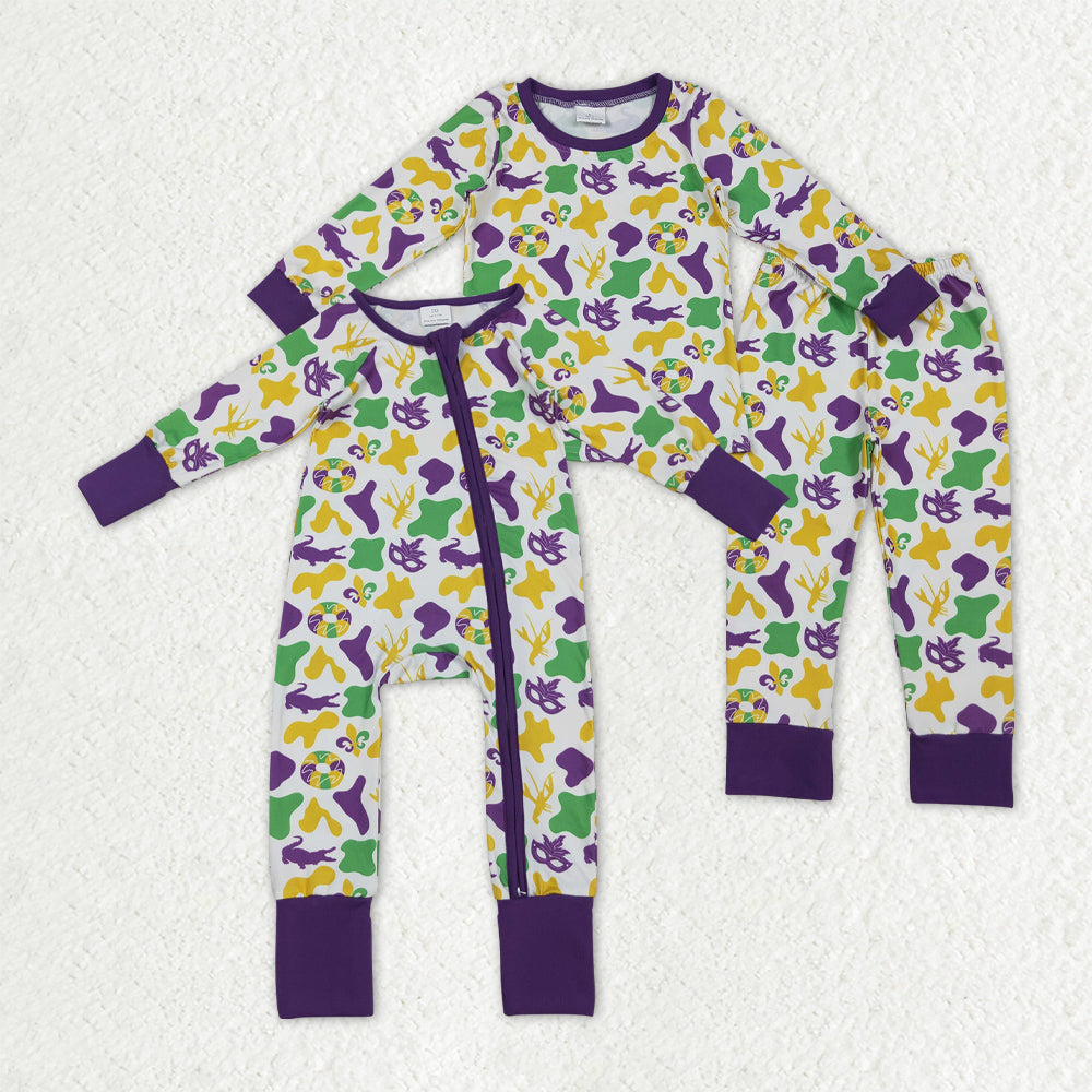 Sibling Toddler Kids Long Sleeves Mardi Gras Camo Zipper Romper Set Pajamas Clothes RTS