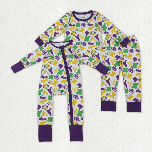 Sibling Toddler Kids Long Sleeves Mardi Gras Camo Zipper Romper Set Pajamas Clothes RTS