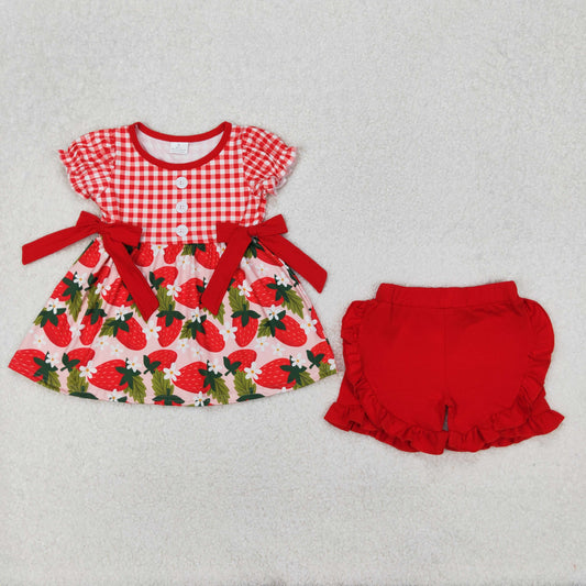 Baby Girl Short Sleeves Plaid Strawberry Bows Tunic Red Ruffle Shorts Clothes Set RTS