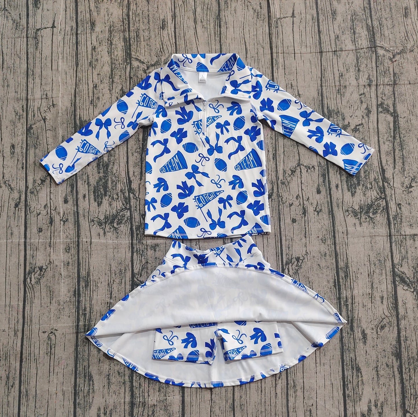 Girls Kids Blue Bows Football Zipper Shirt Yoga Active Skorts Team Clothes Set RTS
