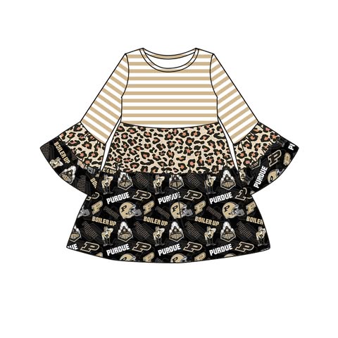 Baby Girl Long Sleeves Team Leopard Stripes Knee Length Dress Moq 5