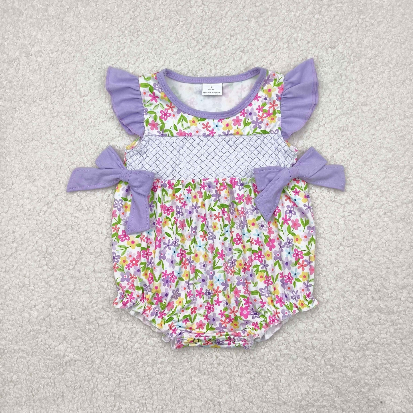 Baby Girl Infant Embroidery Checked Flower Purple Bows Bubble Romper RTS