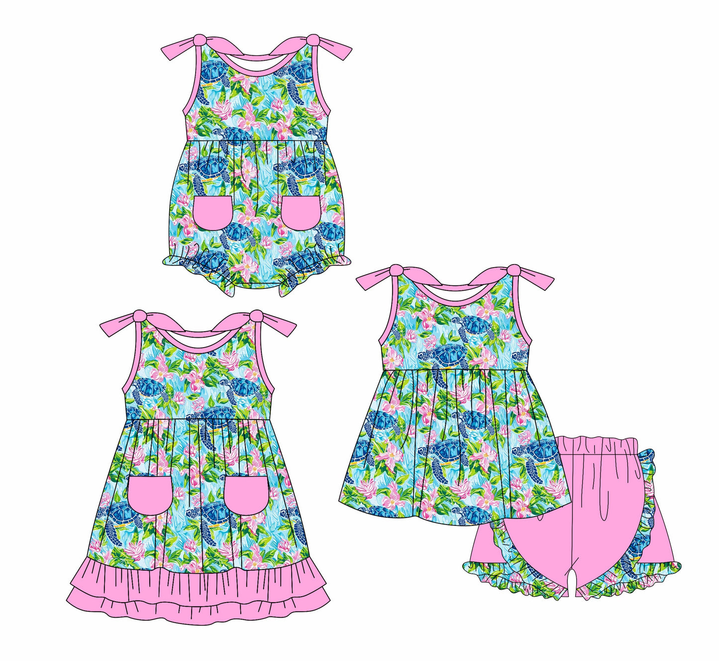 Baby Girl Turtles Flower Sibling Romper Dress Set ( Moq 5 Each Style ) 1.9