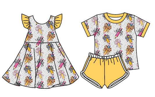 ( Moq 5 Each Style ) Baby Girl Pencils Bows Back To School Sibling Dress Set 4.18
