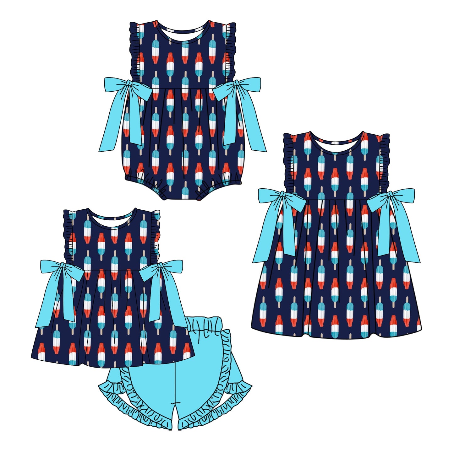 Baby Girl July 4th Popsicles Sibling Romper Dress Set ( Moq 5 Each Style ) 1.23