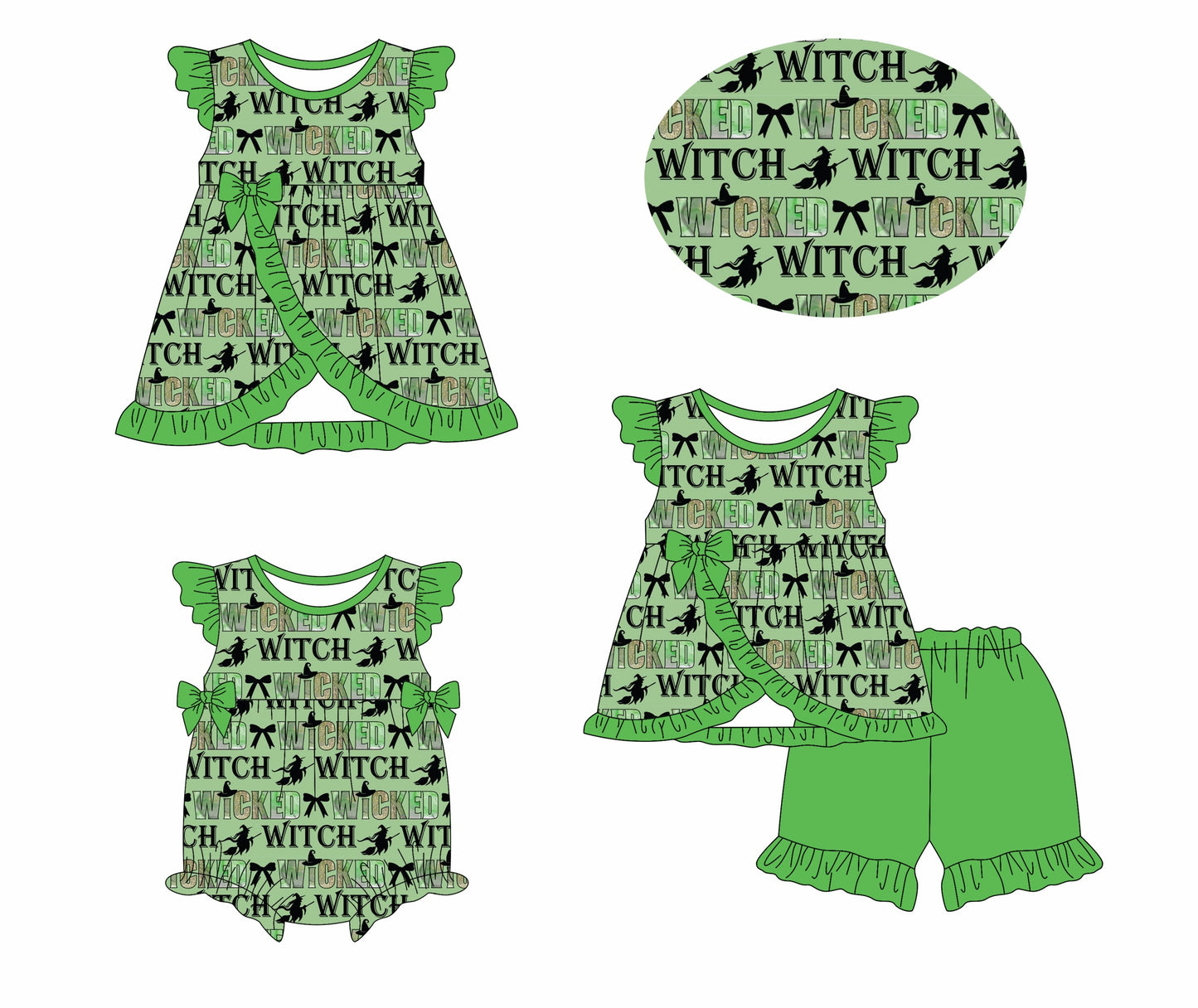 Baby Girl Witch Green Bows Ruffle Sibling Romper Dress Set ( Moq 5 Each Style ) 1.11