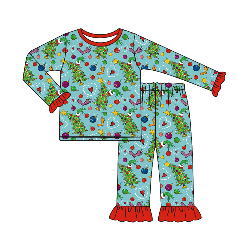 Baby Girl Long Sleeves Christmas Tree Shirt Pajamas Pants Green Set