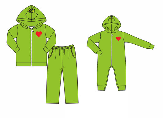 ( Moq 5 Each Style ) Baby Kids Toddler Green Face Hearts Christmas Sibling Romper Set