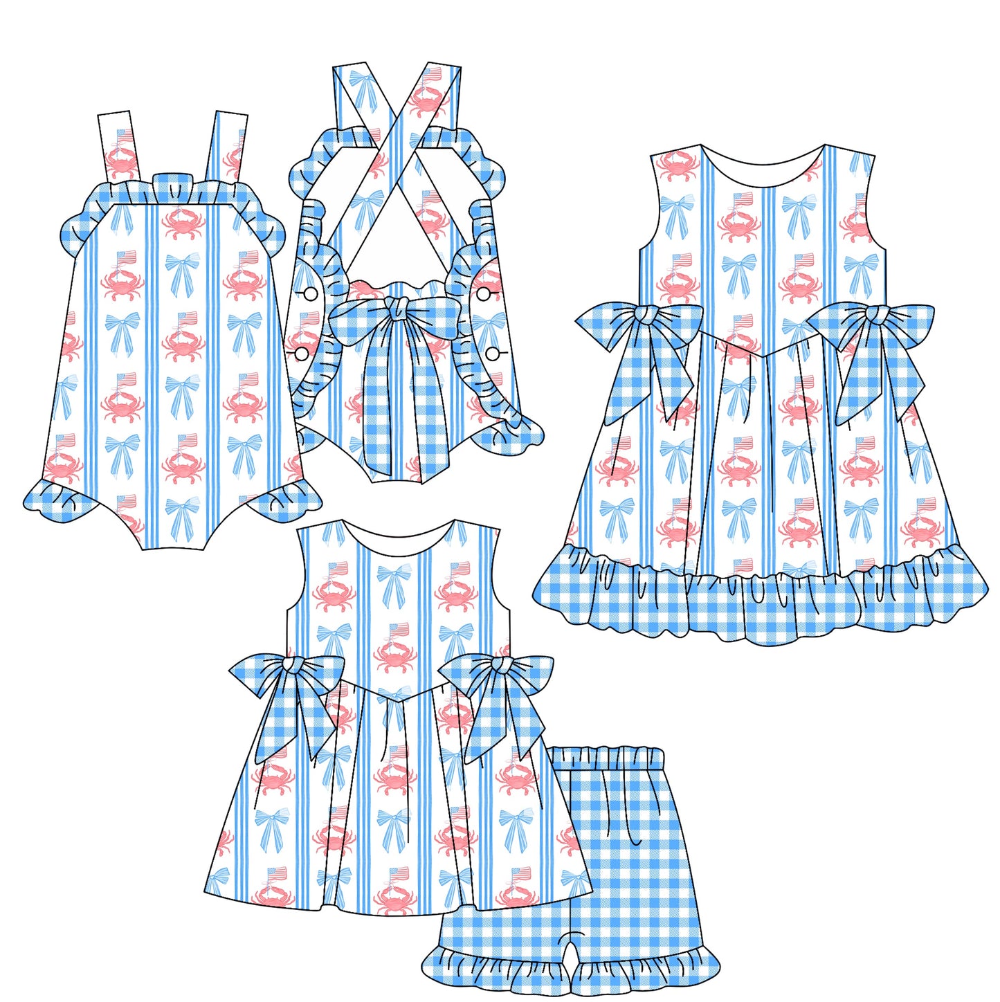 Baby Girl 4th Of July Crabs Flags Bows Romper Dress Set ( Moq 5 Each Style ) 4.1