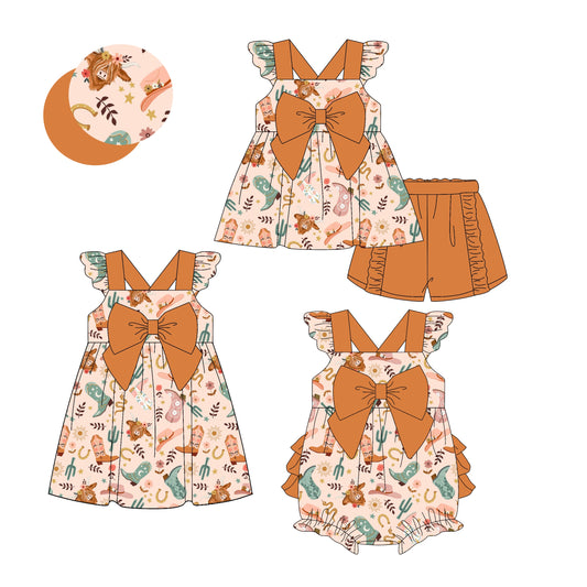 Baby Girl Western Boots Bows Sibling Romper Dress Set ( Moq 5 Each Style ) 3.13