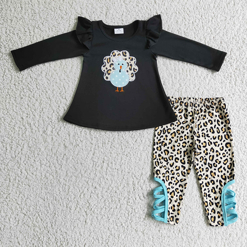 Sibling Girls Toddler Fall Embroidery turkey Tunic Pants Thanksgiving Set Clothes RTS