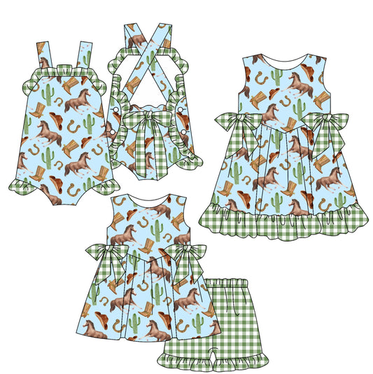 Baby Girl Western Horse Cactus Bows Sibling Romper Dress Set ( Moq 5 Each Style ) 2.17
