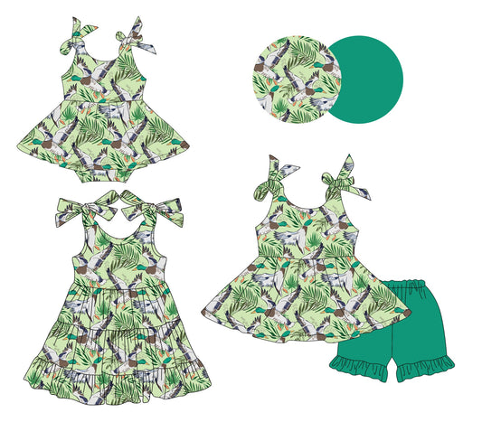 Baby Girl Bows Straps Ducks Green Sibling Romper Dress Set ( Moq 5 Each Style ) 3.14