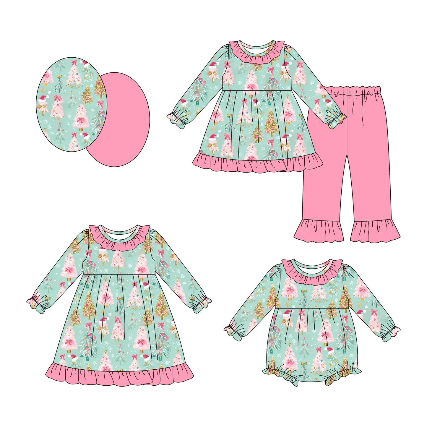 ( Moq 5 Each Style ) Baby Girl Toddler Christmas Tree Bows Sibling Romper Dress Set